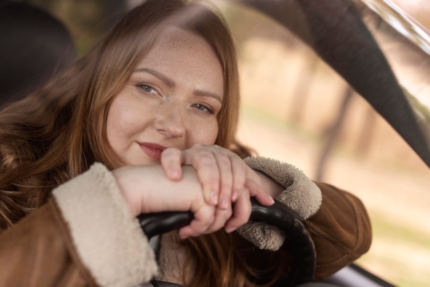 Close up woman in car