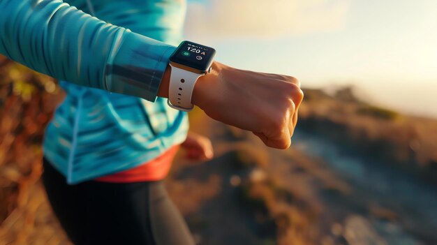 Foto close up di una donna che controlla il suo orologio intelligente mentre corre nella natura