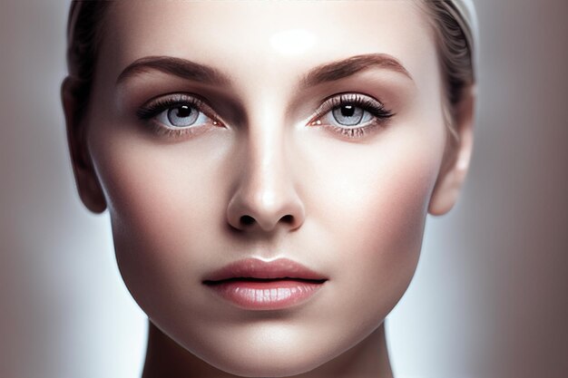 Close up of woman clean healthy young face with hands Medical spa