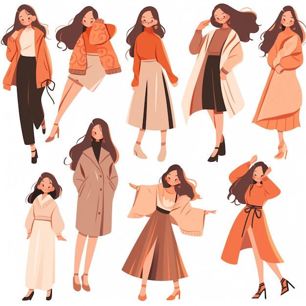 A close up of a woman in a coat and dress with different poses AI Generative
