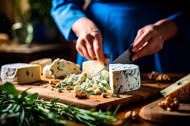 Foto chiuda in su della donna che taglia il formaggio roquefort in cucina