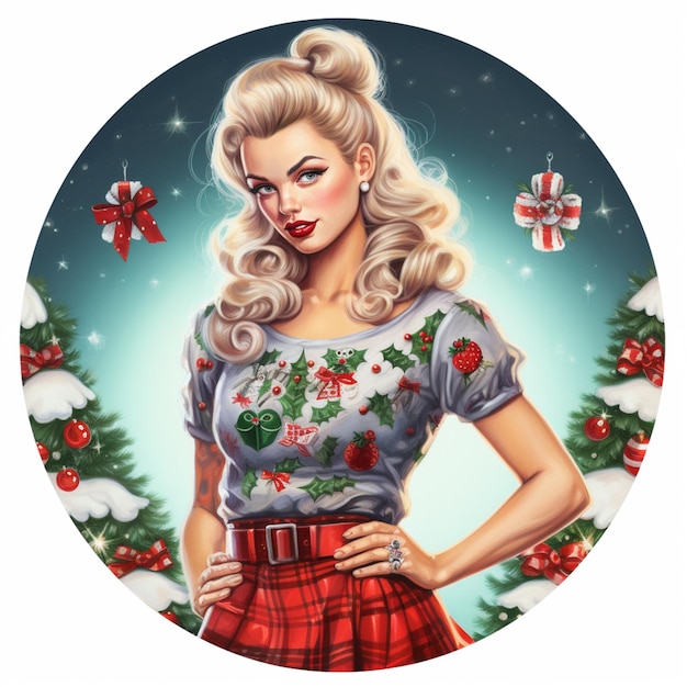 a close up of a woman in a dress with a christmas tree in the background generative ai