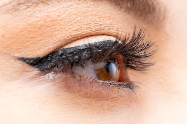 Close up woman eye with perfect black eyeliner and long eyelashes