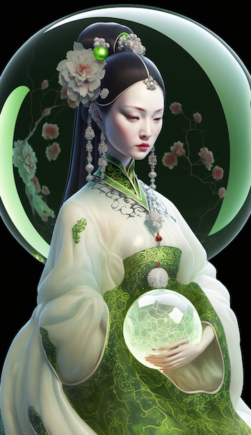 Close up of woman in green dress holding glass ball generative ai