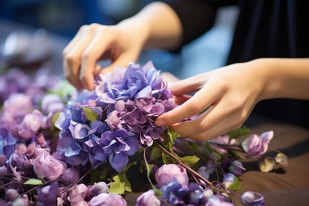 close up woman hand arranging flowers on table bokeh style background