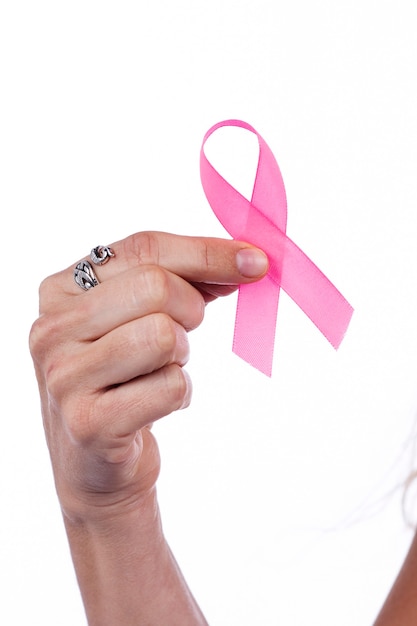 Foto chiuda in su della mano della donna che tiene il nastro del cancro al seno sopra un bianco.