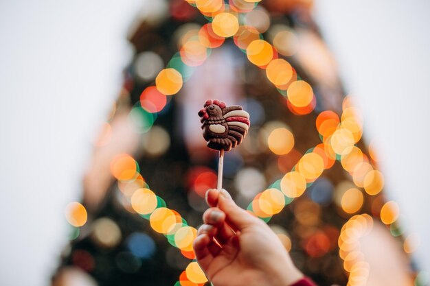 Close up of woman hand holding lollipop on christmas tree background