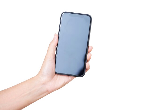 Close-up of woman hand holding smartphone with blank screen, mock-up on white background