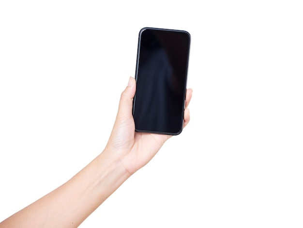 Close-up of woman hand holding smartphone with blank screen, mock-up on white background