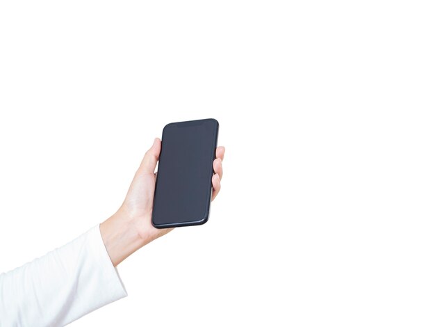 Close-up of woman hand holding smartphone with blank screen, mock-up on white background