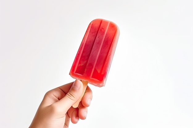 Close up of a woman hand holding a strawberry popsicle isolated on white background Ai generative