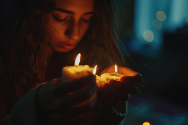 Близкий взгляд на женщину, зажигающую свечи в темную ночь дома