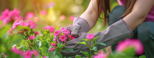 Близкие руки женщины в перчатках сажают розовые цветы в саду концепция весеннего летнего садоводства с