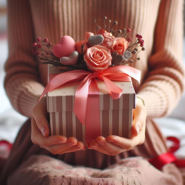 バレンタインデー・クリスマスのコンセプトのリボン付きのプレゼントボックスを握っている女性の手のクローズアップ