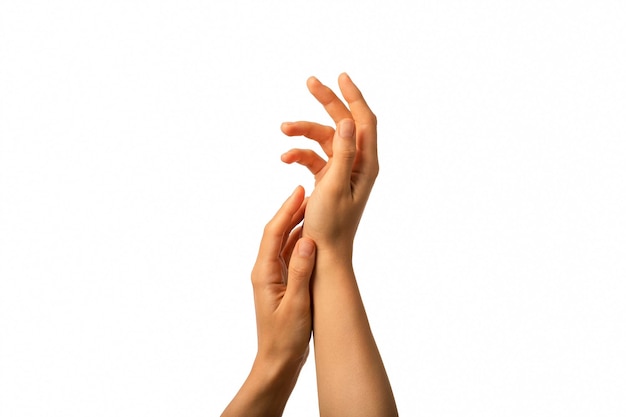 Close up woman hands moisturised with protective cream anti age treatment isolated on white background