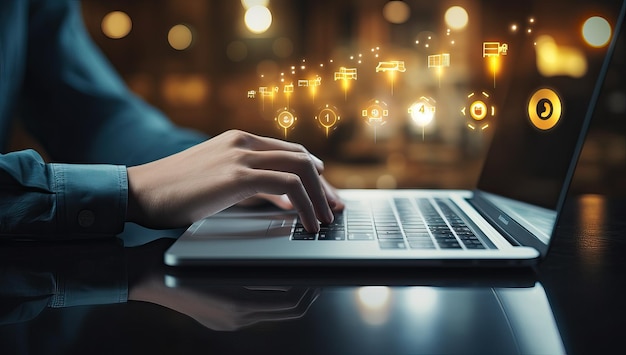 ノートパソコンのキーボードでタイプする女性の手のクローズアップ ソーシャルメディアコンセプト
