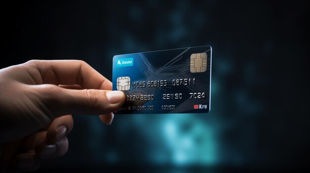Photo close up of a woman holding a credit card in a shopping store paying for payment