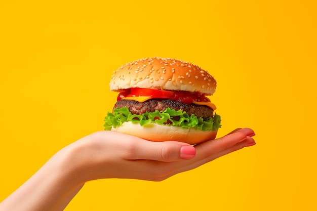 close up woman holding a delicious hamburger in the palm of her hand