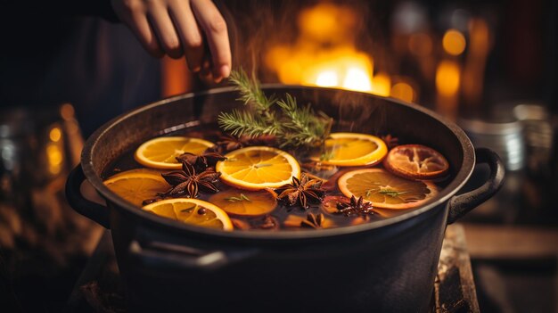 Photo close up of a woman holding a glass with mulled wine and orange slices