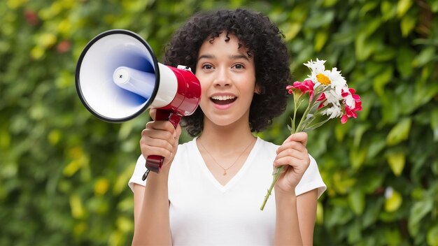 Photo close up woman holding megaphone and flowers