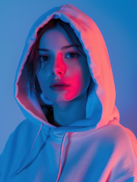 a close up of a woman in a hoodie with a neon light