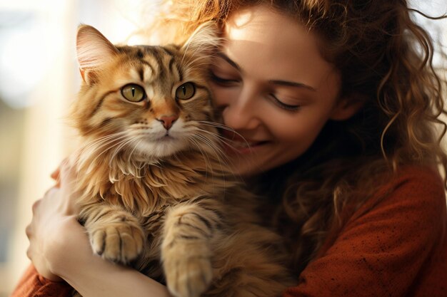Photo close up of a woman hugging her cat bokeh style background