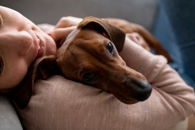 Foto primo piano sulla donna che abbraccia il suo cane