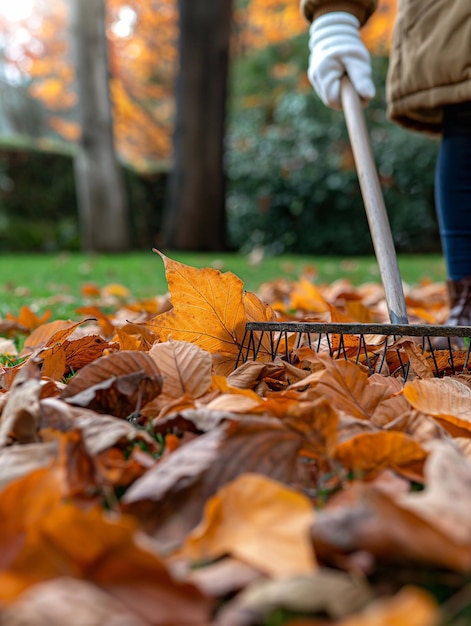close up of a woman in a jacket and white gloves raking autumn leaves using rake on a green lawn