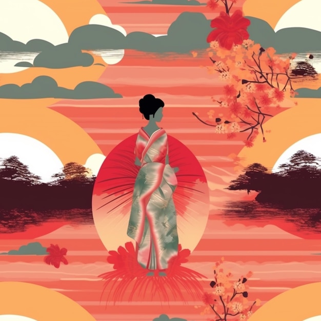 Photo a close up of a woman in a kimono dress with a red umbrella generative ai