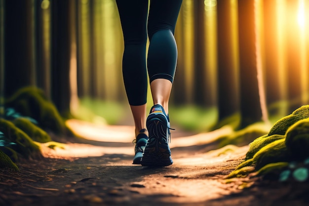 Close up on woman legs walk in the forest Active and fit