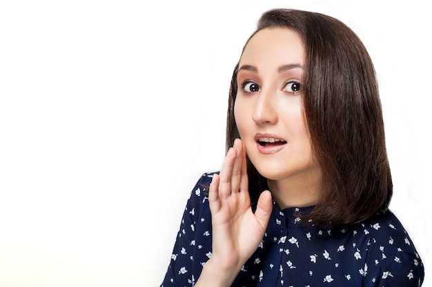 Close up of woman mouth deliver message by whispering with white background, model is a asian beauty