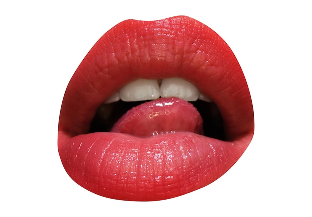 Photo close up of woman mouth with red lip licking lips