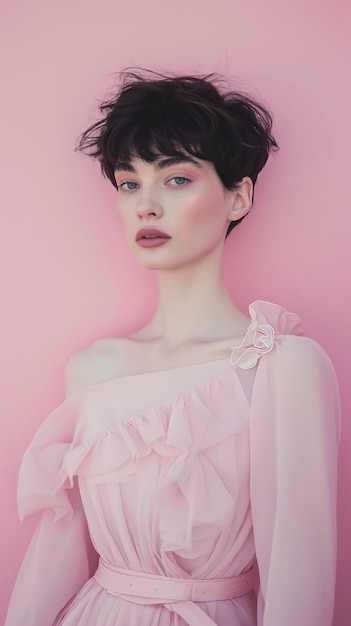 Photo a close up of a woman in a pink dress posing for a picture pink tshirt mockup urban