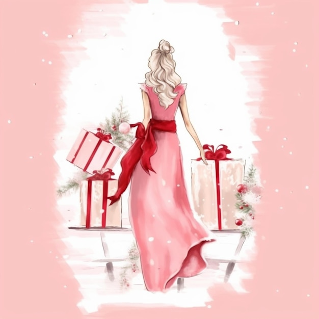 a close up of a woman in a pink dress with presents generative ai