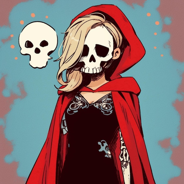 a close up of a woman in a red cape with a skull on her head generative ai