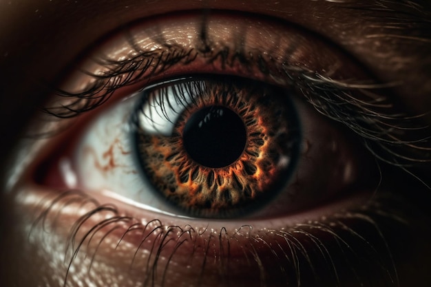 A close up of a woman's eye with a black and orange eye