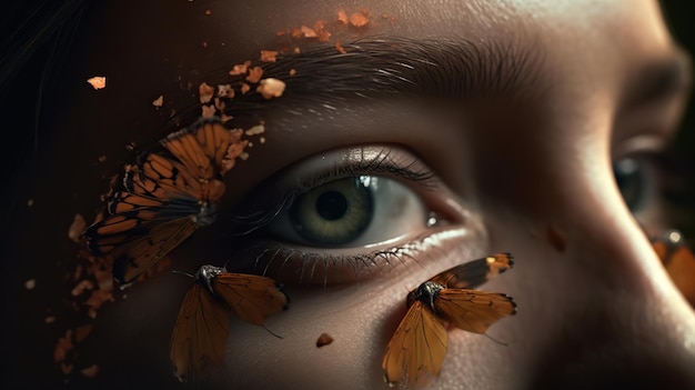 A close up of a woman's eye with butterflies on it