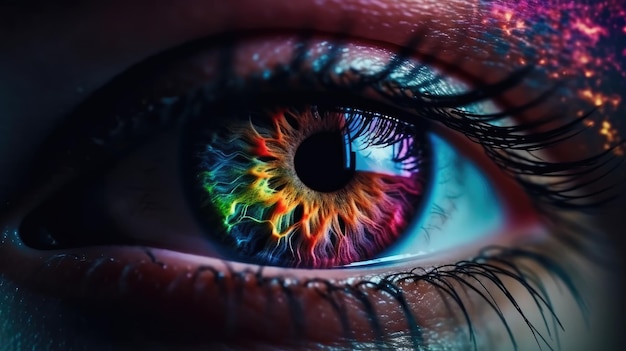 A close up of a woman's eye with colorful irises