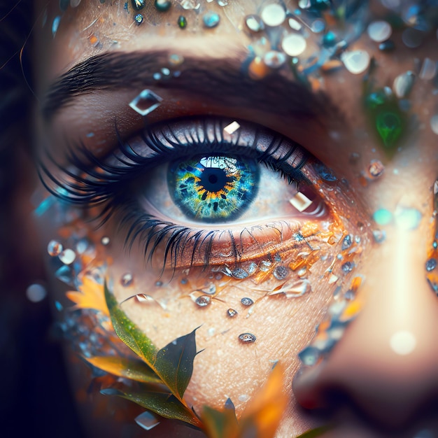 A close up of a woman's eye with crystals and leaves