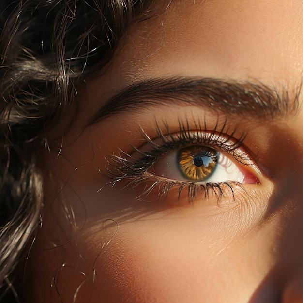 Close up of woman's eye with eyelashes with brown hair in the style of light brown and light bronze