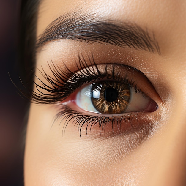 Close up of woman's eye with eyelashes with brown hair in the style of light brown and light bronze