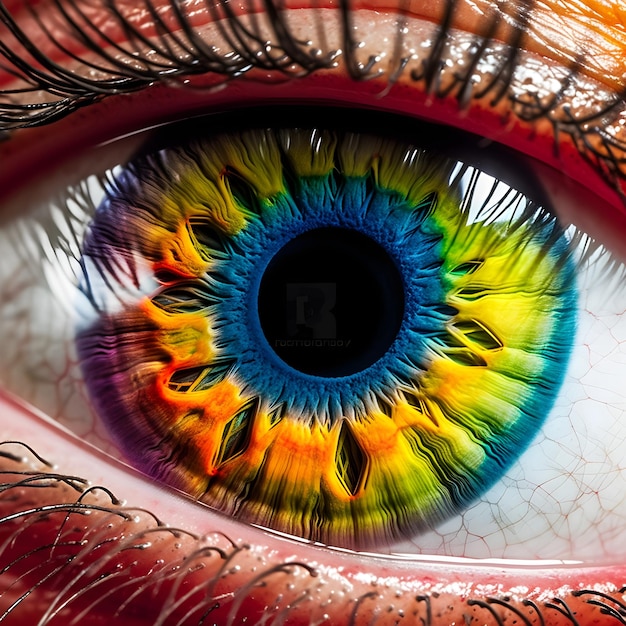 A close up of a woman's eye with a rainbow colored eye.