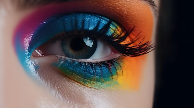 A close up of a woman's eye with rainbow eye makeup