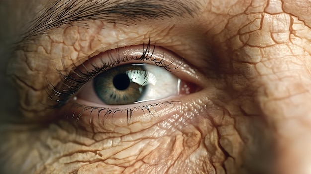 A close up of a woman's eye with wrinkles around the eye.