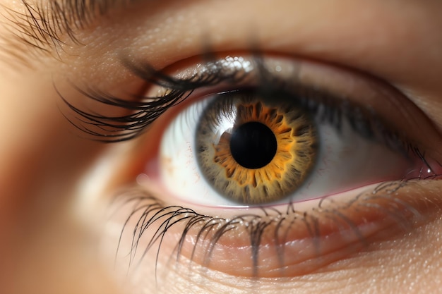 黄色と黒の瞳を持つ女性の目の接写。