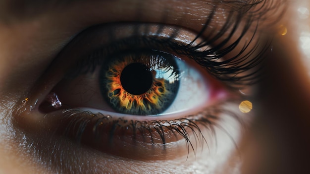 A close up of a woman's eye with a yellow ring around the eye.