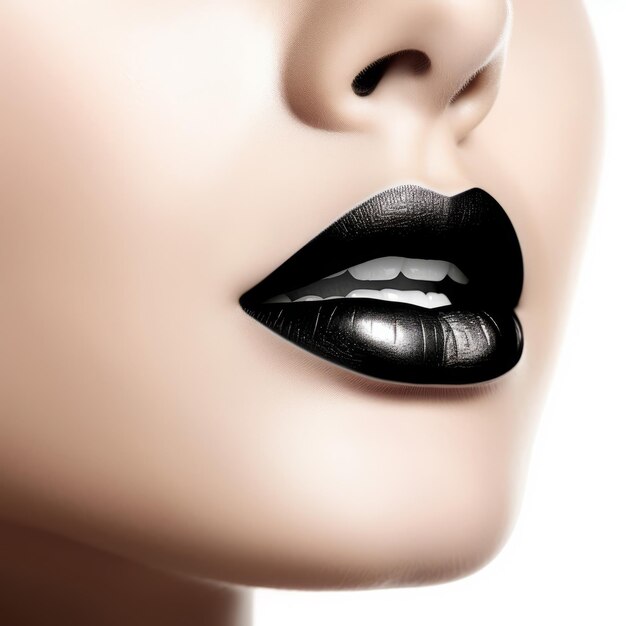 A close up of a woman's face with black lipstick