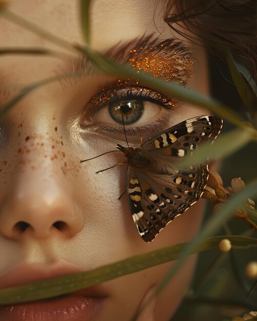 Photo a close up of a woman s face with a butterfly on it