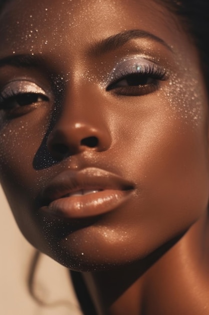 A close up of a woman's face with glitter on it