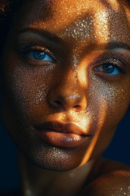 A close up of a woman's face with golden skin and blue eyes